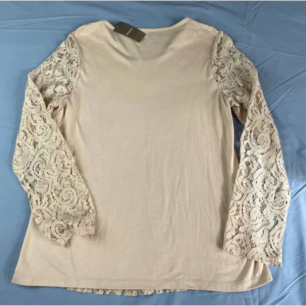 NWT Chico's Lenora Long Sleeve Lace Top Sand Pearl Size 1 US M Pullover Boho - Picture 2 of 8